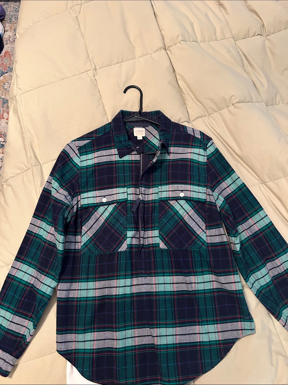 J. Crew Green and Navy Plaid Cowl-Neck Sweater